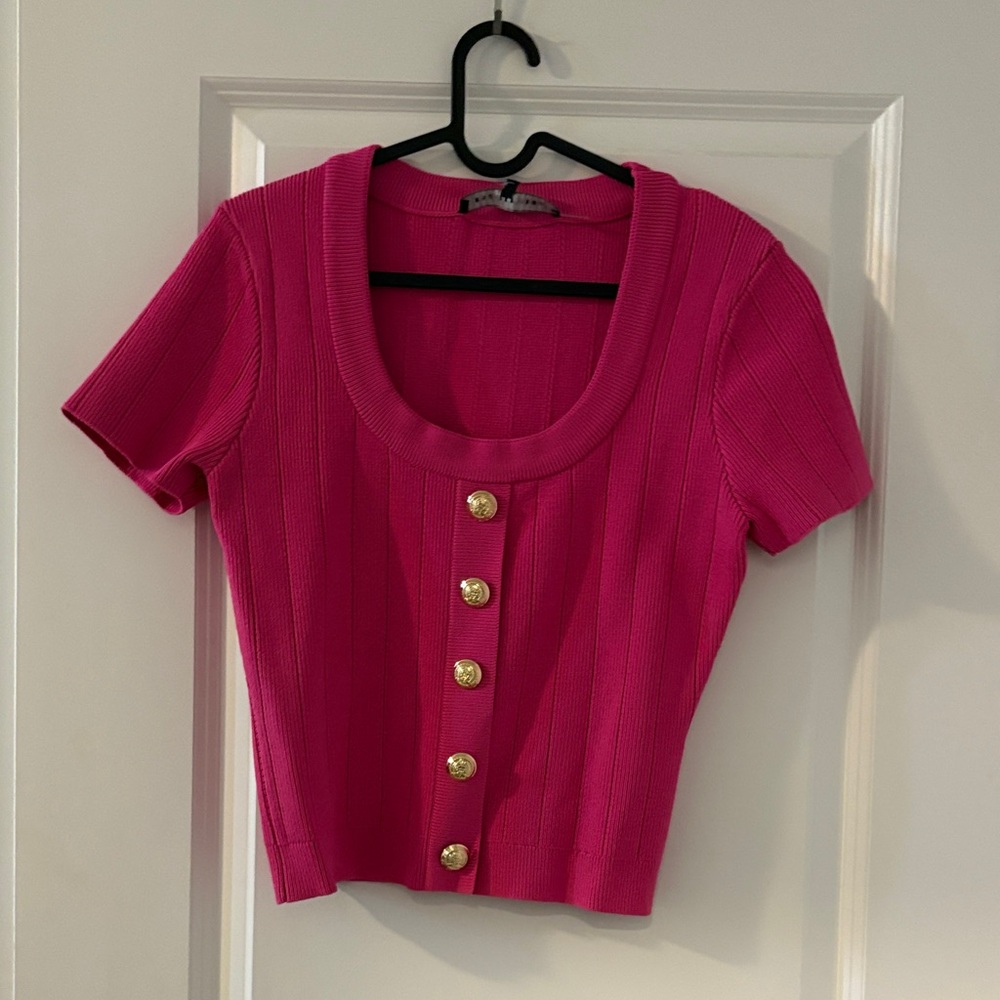 Endless Rose Fuchsia Button-Down Top with Gold Accents